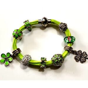 Khloelle Charm Bracelet Silvertone Lime Green Beads Charms Suede Cord St Patrick